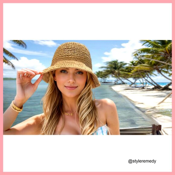Handmade Paper Straw Sun Hat Foldable Wide Brim Beach Travel main image 5